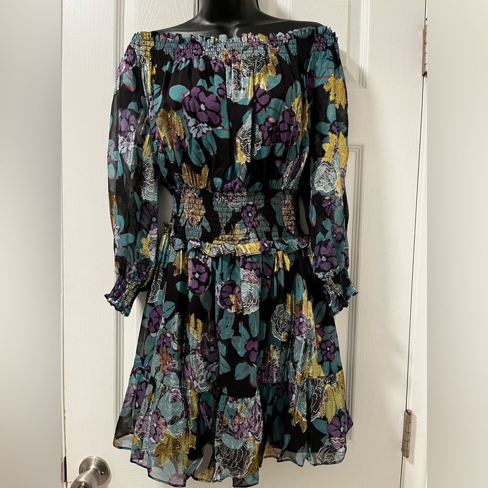 Nicole Miller Metallic Floral Off Shoulder Silk Blend Dress Size L